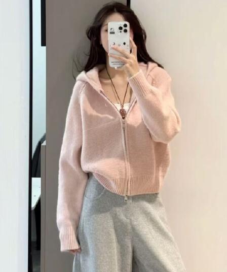 한 부서 캐주얼 물결무늬 곡물 더블 지퍼 후드 스웨터 여성 코트 봄 가을 루즈핏 슬림해 보이는 니트 오픈 가디건 맨위