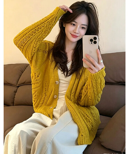 한 부서 부드러운 느긋한 바람 V넥 홀로우 아웃 자수 니트 오픈 가디건 이른 가을 슬림해 보이는 다용도 스웨터 코트 여성 셔츠