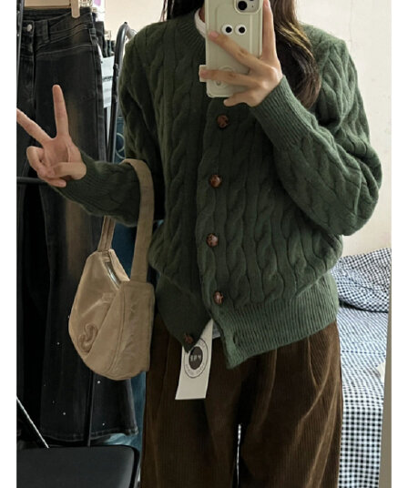 센 부서 레트로 녹색 라운드 넥 꽈배기 스웨터 오픈 가디건 여성 2026 새로운 가을 겨울 두꺼운 느긋한 바람 니트 재킷