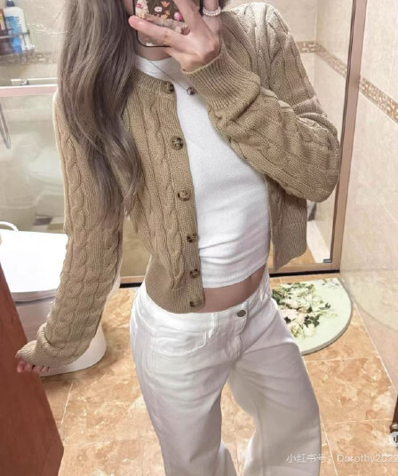 아메리칸 오래된 돈 바람 카키 색 꽈배기 싱글 줄 버튼 니트 오픈 가디건 여성 봄 가을 겨울 고급 센스 슬림해 보이는 스웨터 코트