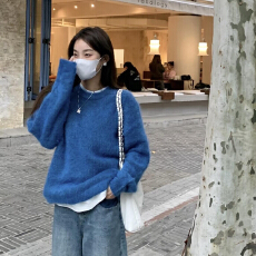 批发超显白宝蓝小众甜美套头<b class='q'>毛衣</b>女冬季加厚气质圆领复古针织衫外穿