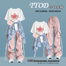 批发时尚套<b class='q'>装</b>#印花宽松圆领短袖搭薄款格子衬衫搭抽绳工<b class='q'>装</b><b class='q'>裤</b>高腰宽松