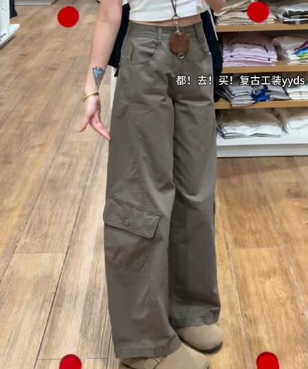 카키 아메리칸 워크웨어 와이드 레깅스 바지 가을 겨울 2026 새로운 하이웨이스트 레트로 디스플레이 슬림 거리 디자인 센스 캐주얼 바지
