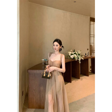 批发实拍实价  翩翩欲仙 度假气质网纱杏色<b class='q'>抹胸</b><b class='q'>连衣裙</b>