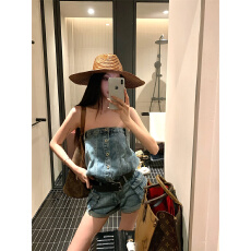 批发实拍实价  蓝色牛仔短裤新款设计感连体裤连身短裤