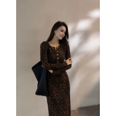 批发【大婷婷】秋冬新款时尚<b class='q'>豹纹</b>复古显瘦修身轻奢<b class='q'>连衣裙</b>长袖裙子
