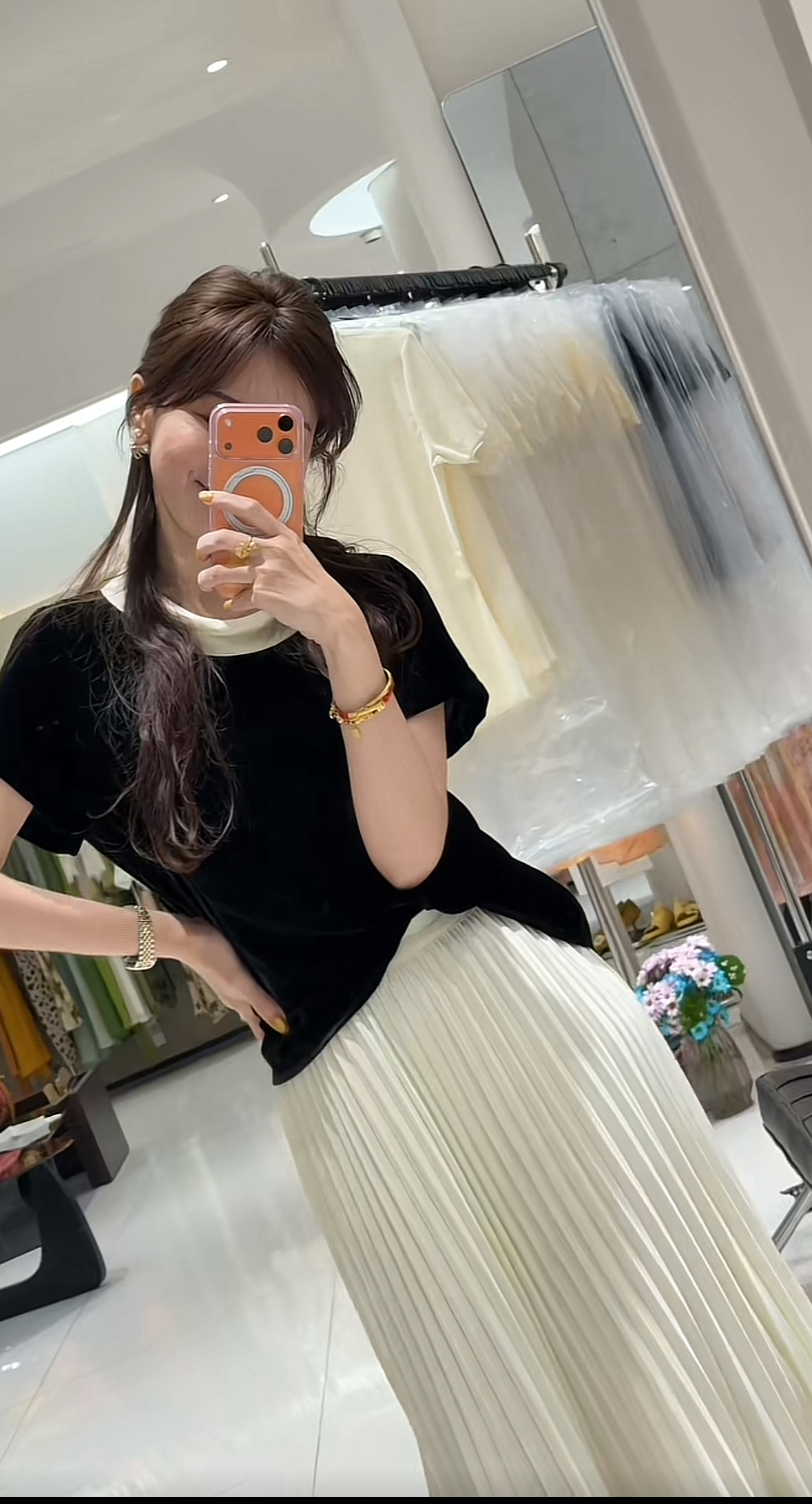 복숭아 직접 만든 27700 100 명 실크 여름 새로운 품격 슬림해 보이는 레트로 벨벳 맨위 치마