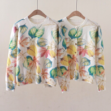 批发秋冬新款彩色叶子印花圆领针织<b class='q'>开衫</b>毛衣长袖