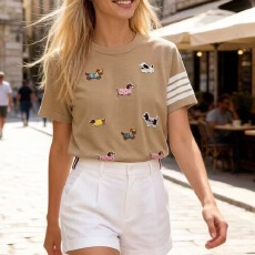 批发2026夏季新款贴布小狗针织圆领短袖t恤女上衣