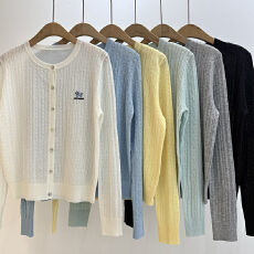 批发实拍 早春新款气质<b class='q'>圆领</b>彩色<b class='q'>针织</b><b class='q'>开衫</b>薄长袖防晒衫女上衣