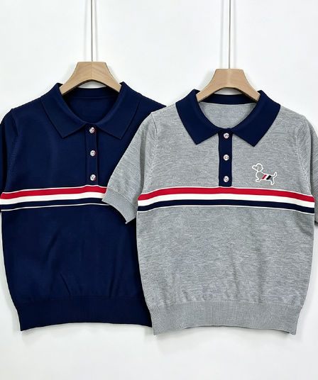 실사 유럽과 미국 스타일 조수 브랜드 새로운 폴로 칼라 학원 스타일 POLO 칼라 스트라이프 패치워크 색상 반팔 니트 스웨터 티셔츠 맨위