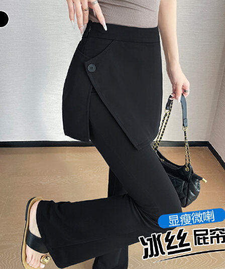 실사 2026 아모이 페이크 레이어드 랩스커트팬츠 부츠컷 바지 여성 하이웨이스트 슬림해 보이는 다용도 캐주얼 바지 바닥 청소 나팔 바지