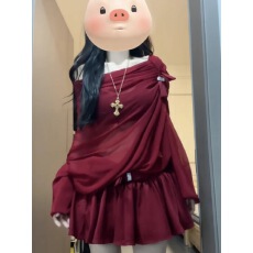 批发性感辣妹红色套装女秋季纯欲风斜肩<b class='q'>网纱</b>衬衫<b class='q'>上衣</b>蓬蓬半身裙两件套