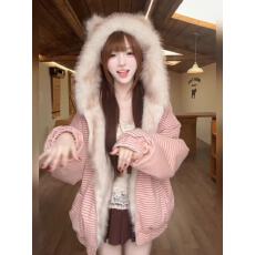 批发粉色条纹兔耳朵连帽棉服外套女秋冬季加绒加厚棉衣超好看毛毛上衣