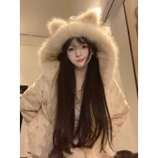 批发双面穿碎花猫耳朵连帽毛毛外套女<b class='q'>秋</b>冬加绒加厚棉衣小个子棉服上衣