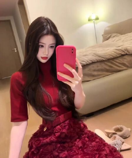 프랑스식 빨간색 무거운 작업 장미 치마 여성 드레스 품격 한 마디 예복 롱 스커트