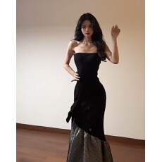 批发黑色抹胸排扣收腰包臀鱼尾拼接波点长<b class='q'>裙</b><b class='q'>轻</b>礼服