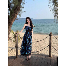 批发法式蓝色碎花网纱抹胸<b class='q'>连衣</b>裙女夏季海边度假风气质收腰生日<b class='q'>长裙</b>子