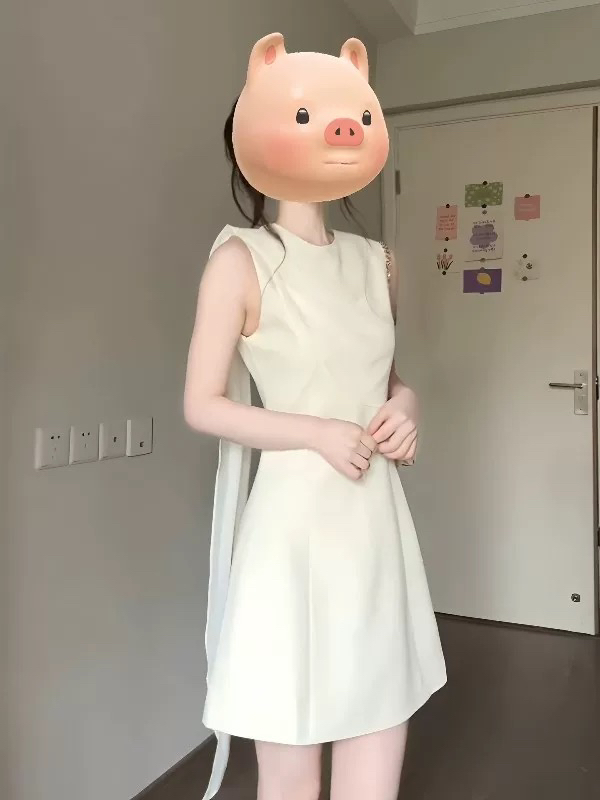 프랑스식 화이트 망사 리본 민소매 여성 드레스 여름 달콤함 허리 수축 슬림해 보이는 작은 키 고급 센스 미니 스커트