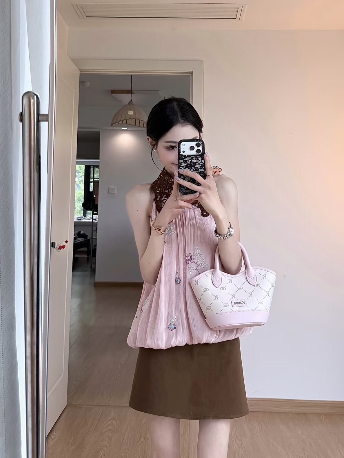 pitao 오리지널 유리 꽃 포도 나무 행침 목 민소매 캐미솔 광장 버클 벨트 순면 반바지 세트 여성