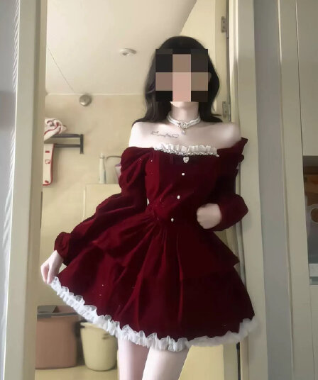 달콤한 핫걸 빨간색 벨벳 여성 드레스 가을 겨울 신년 크리스마스 분위기 센스 착용 가져 가라. 생일 공주 퍼프 치마
