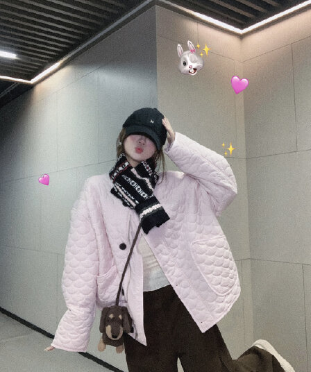 2026 작은 대중 아니요 명중 섹션 핑크색 꽃잎 압력 면 루즈핏 면 옷 가을 겨울 캐주얼 지퍼 재킷