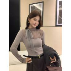 批发2025新款韩系时尚飘带气质长袖拼纱系带<b class='q'>针织衫</b>上衣羊毛衣