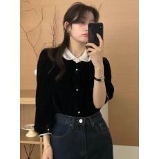 批发2025新款<b class='q'>衬衣</b>女款小个子金丝绒<b class='q'>衬衫</b>女珍珠纽扣设计感内搭上衣女