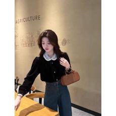 批发秋冬复古洋气<b class='q'>衬衣</b>高级感气质小上衣<b class='q'>蕾丝</b>娃娃领黑色丝绒<b class='q'>衬衫</b>女