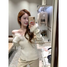 法式冬季设计感小众修身内搭一字肩长袖打底针织衫上衣女