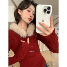批发2025冬季红色可拆卸毛绒领高级感气质麻花打底毛衣女
