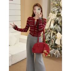 批发秋冬季修身显瘦高级感内搭打底上衣撞色条纹假两件针织开衫