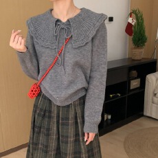 2026秋季新款高级感显瘦上衣甜美娃娃大翻领领系带软糯针织毛衣女