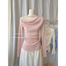 批发温柔风镂空蕾丝拼接假两件长袖针织衫女早春新款独特漂亮好看上衣