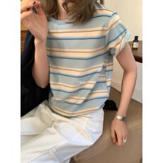 批发2026新款春夏正肩撞色条纹棉质短袖t恤女圆领内搭打底<b class='q'>休闲</b>上衣