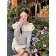 批发早春新款纯欲风甜美修身显瘦长袖上衣立体<b class='q'>花朵</b>一字领不规则T恤女