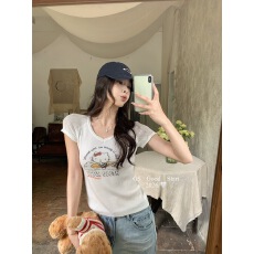 批发2026年夏季时尚潮流休闲<b class='q'>甜美</b>印花短袖针织修身上衣女