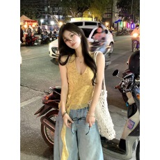 批发黄色<b class='q'>碎花</b>吊带纯欲风显瘦显白木耳边不规则飘带短款上衣女夏