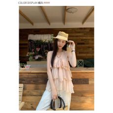 批发2026夏季新款高级感蝴蝶结系带挂脖荷叶边背心女<b class='q'>无袖</b><b class='q'>雪纺上衣</b>女