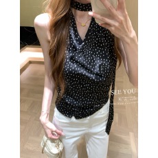 批发春夏新款高级感时尚气质显瘦波点小衫千金风不规则荡领吊带女