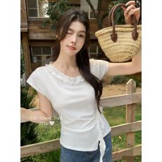 批发2026新款半袖木耳边不规则绑带斜肩上衣高级感一字肩短袖T恤