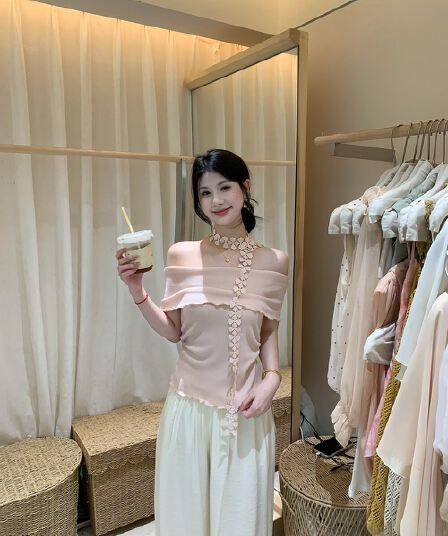 프랑스식 빛 요리 한 바람 오프숄더 슬림해 보이는 작은 셔츠 여성 여름 새로운 꽃 리본 달콤함 다용도 품격 맨위