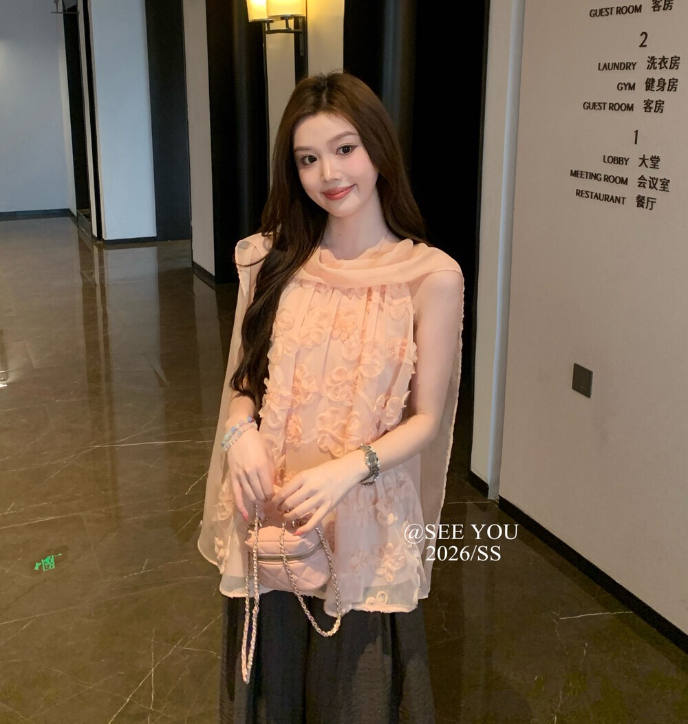 여름 섹션 다용도 편안함 작은 셔츠 품격 부드러운 3 차원 무거운 작업 자수 행침 목 슬림해 보이는 캐주얼 민소매 맨위 여성