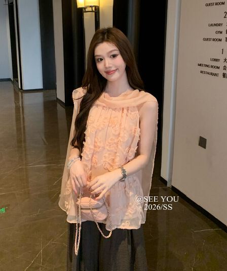 여름 섹션 다용도 편안함 작은 셔츠 품격 부드러운 3 차원 무거운 작업 자수 행침 목 슬림해 보이는 캐주얼 민소매 맨위 여성