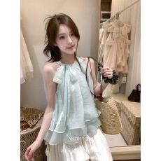 批发夏季<b class='q'>双层</b>荷叶边<b class='q'>雪纺</b><b class='q'>衫</b>甜美温柔外穿宽松系带减龄吊带小<b class='q'>背心</b>上衣