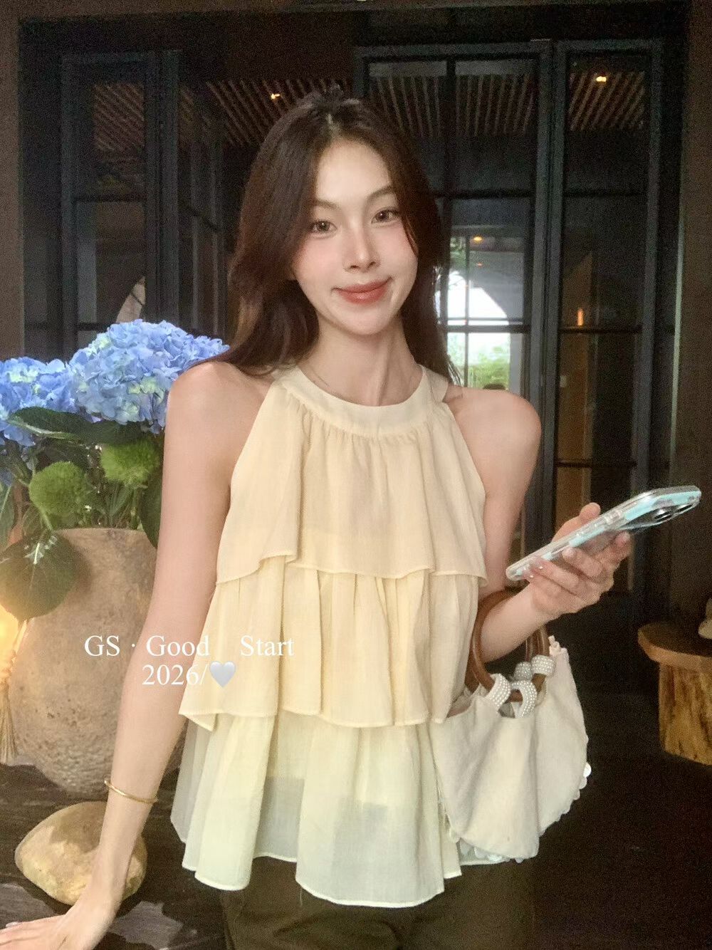 2026 년 순수한 욕망 부드러운 다중 레이어 프릴 민소매 달콤함 맨위 행침 목 조끼 작은 셔츠 여성