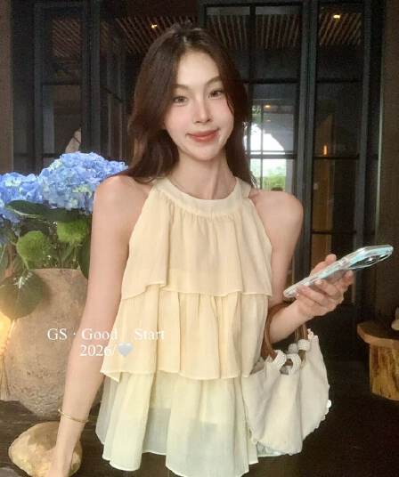 2026 년 순수한 욕망 부드러운 다중 레이어 프릴 민소매 달콤함 맨위 행침 목 조끼 작은 셔츠 여성