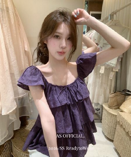 2026 여름 패션 루즈핏 다용도 달콤한 스타일 작은 셔츠 홀로우 아웃 프릴 Feifei 소매 광장 칼라 여성 셔츠