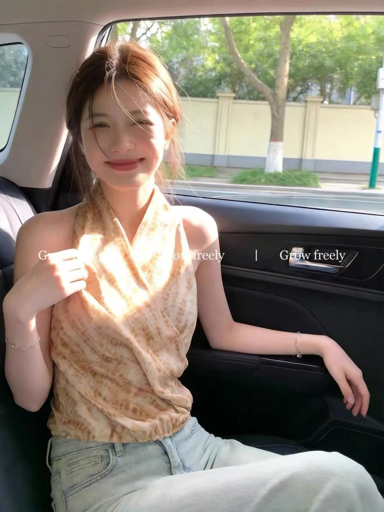 여름 섹시함 불규칙 백리스 캐미솔 레트로 프린트 V넥 행침 목 맨위 여성