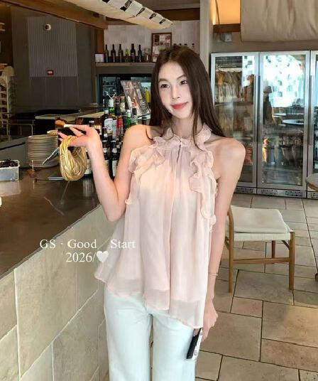 2026 년 여름 새로운 한 부서 순수한 욕망 바람 민소매 행침 목 셔츠 프릴 행침 목 쉬폰 톱 여성